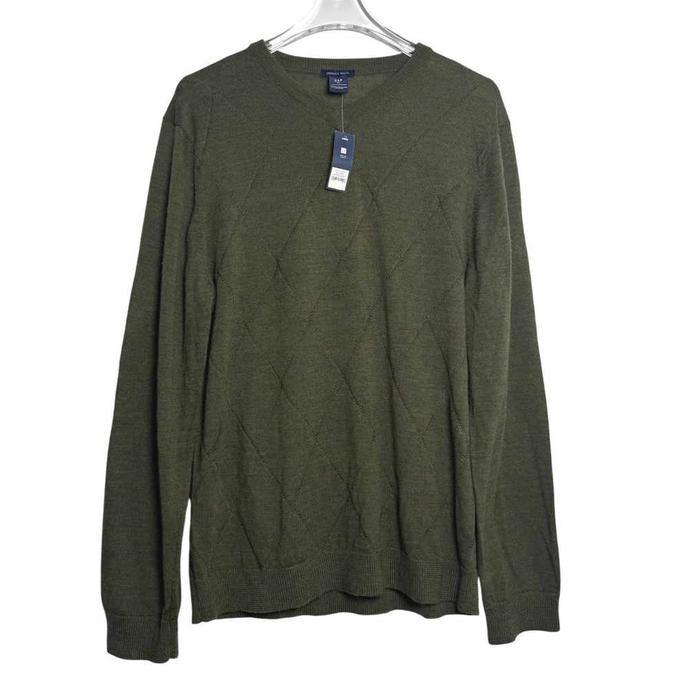Gap Sweater Mens XL Green Merino Wool V Neck Diamond Knit Pullover NWT